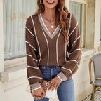 Damen Großer Strickpullover im lässigen Oversized-Stil mit V-Ausschnitt und Streifenmuster R&B