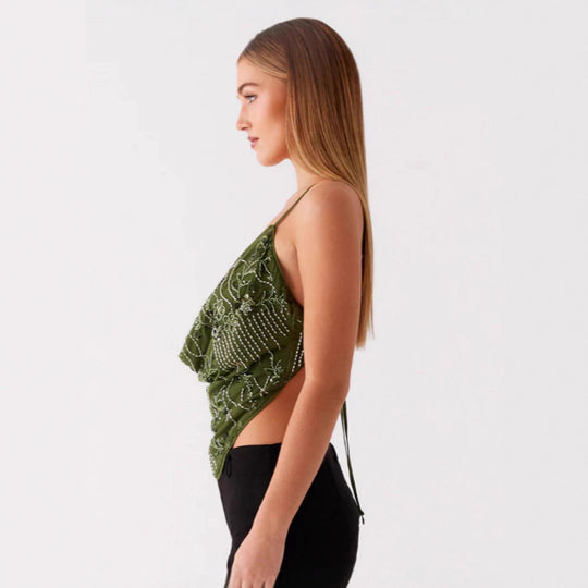 Damen Dekoratives Top mit tiefem Ausschnitt und raffinierten Stickdetails R&B