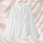 Damen elegante Bluse mit Rüschenkragen und weiten Ärmeln R&B