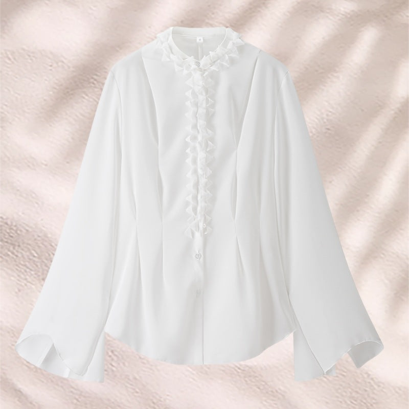 Damen elegante Bluse mit Rüschenkragen und weiten Ärmeln R&B