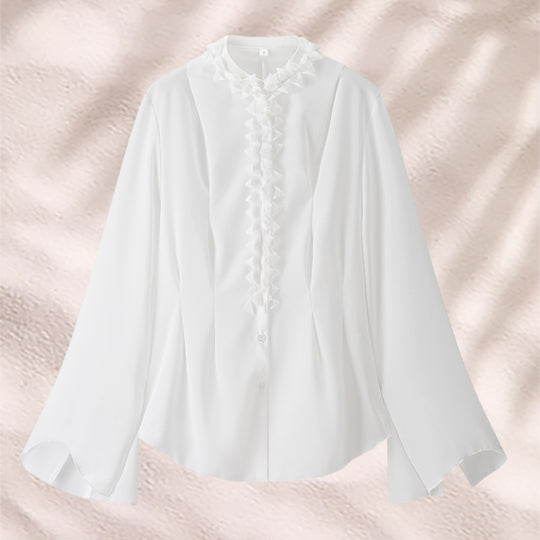 Damen elegante Bluse mit Rüschenkragen und weiten Ärmeln R&B