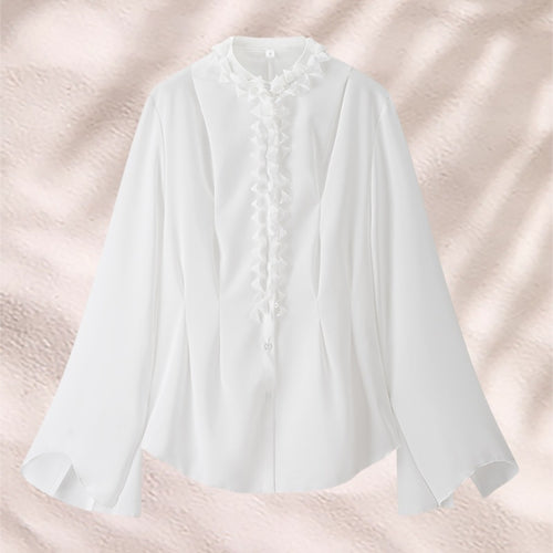 Damen elegante Bluse mit Rüschenkragen und weiten Ärmeln R&B
