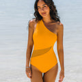 Damen Einteiliger Badeanzug mit asymmetrischem Design und transparenten Netzeinsätzen R&B