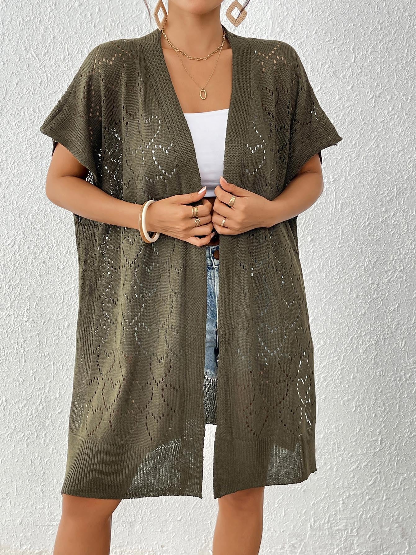 Damen luftiger Strick-Kimono mit floralem Lochmuster R&B