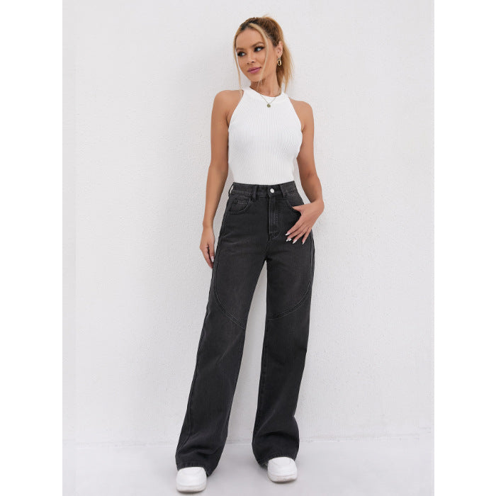 Damen Weite Hochtaillen-Jeans mit einzigartigen Nahtdetails und lässigem Schnitt R&B