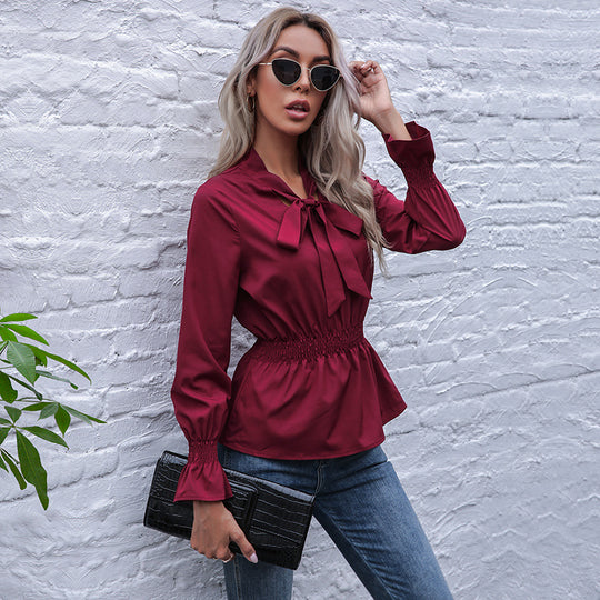 Damen elegante Bluse mit Schleifen-Ausschnitt und elastischem Bund R&B