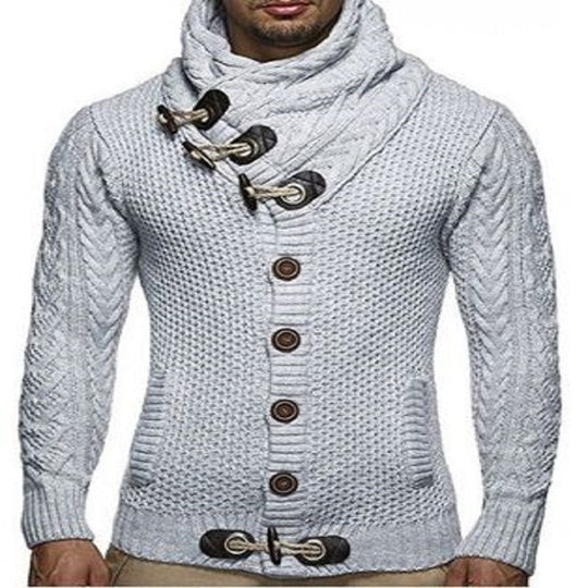 Herren gestrickter Cardigan mit hohem Kragen und modernen Holzknebel R&B