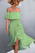 Damen Off-Shoulder Maxikleid mit Rüschendetails und seitlichem Schlitz R&B