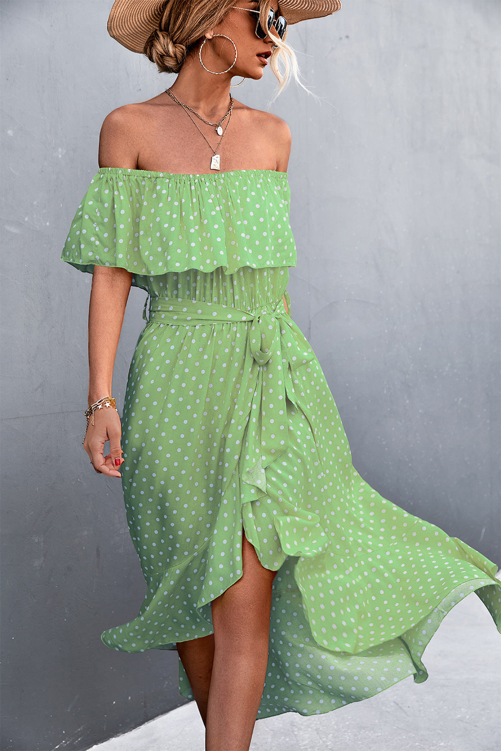 Damen Off-Shoulder Maxikleid mit Rüschendetails und seitlichem Schlitz R&B