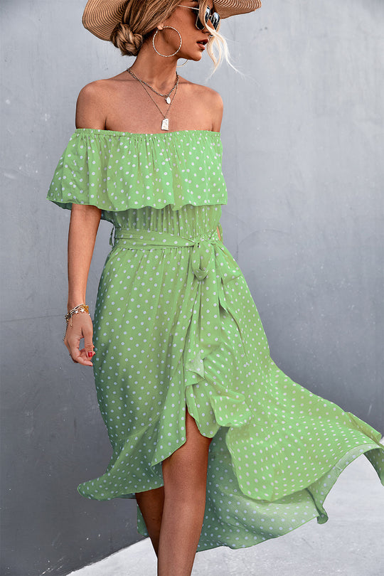 Damen Off-Shoulder Maxikleid mit Rüschendetails und seitlichem Schlitz R&B