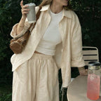 Damen nan luftiges Leinen-Loungeset mit Oversize-Hemd und weiter Bundhose mit Gummizug R&B