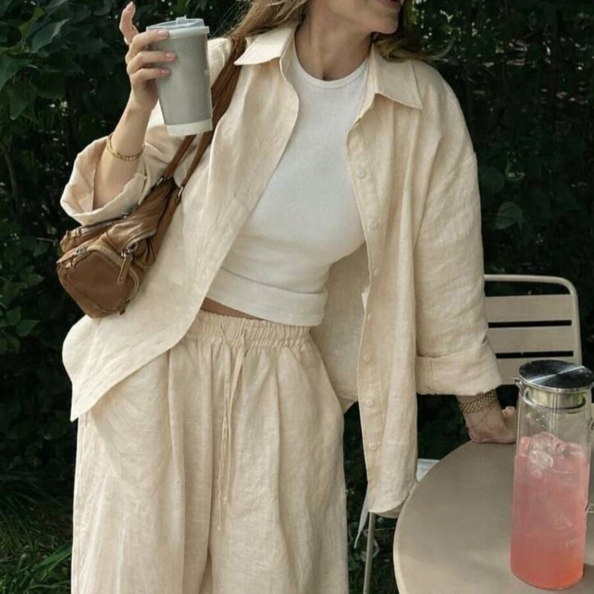 Damen nan luftiges Leinen-Loungeset mit Oversize-Hemd und weiter Bundhose mit Gummizug R&B