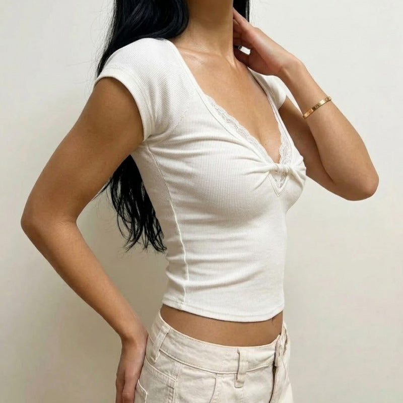 Damen Kurzarm-Top mit Spitzendetail und taillierter Passform R&B