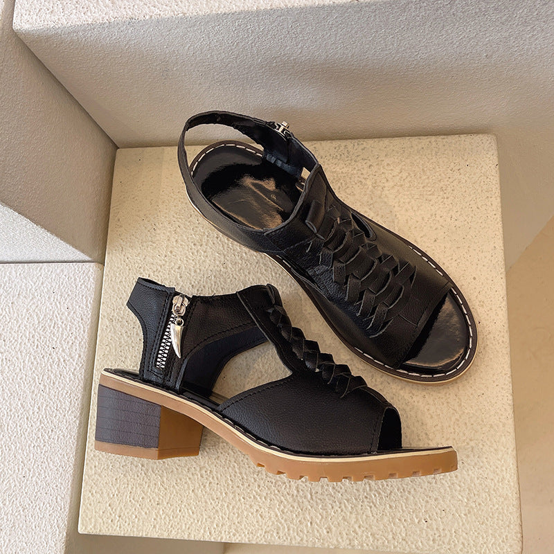 Damen Offene Riemensandaletten mit geflochtenem Design und stabilem Absatz R&B