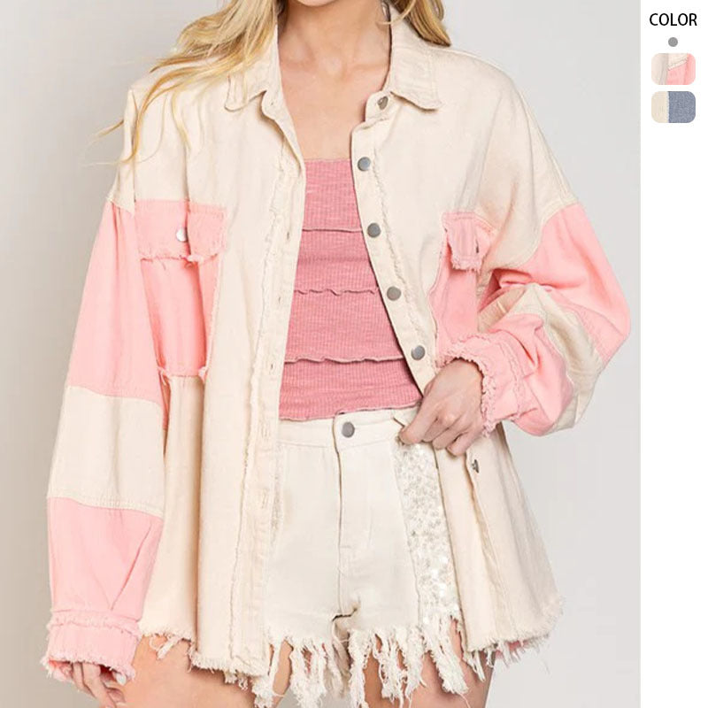 Damen Oversized Denim Jacke mit einzigartigen Farbblöcken und fransigen Details R&B