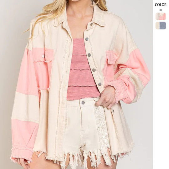 Damen Oversized Denim Jacke mit einzigartigen Farbblöcken und fransigen Details R&B
