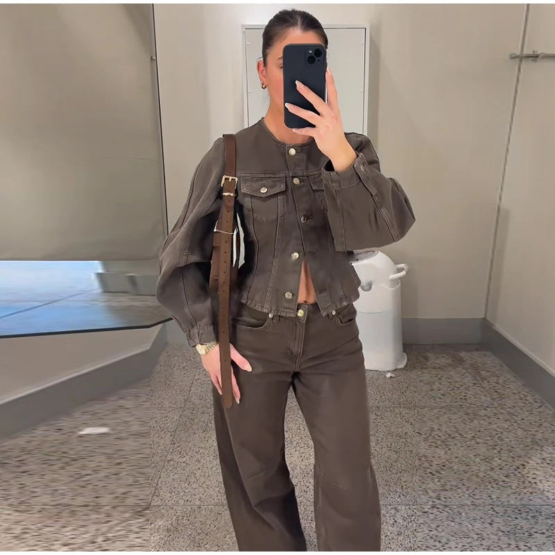 Damen Modische Jeansjacke mit Puffärmeln und dekorativen Knöpfen R&B