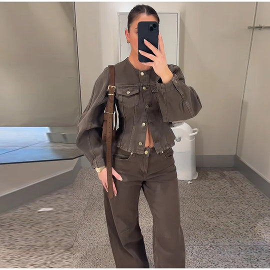 Damen Modische Jeansjacke mit Puffärmeln und dekorativen Knöpfen R&B