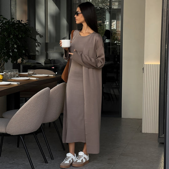 Damen elegantes Maxikleid mit passendem Oversized-Mantel Heidi-Mode