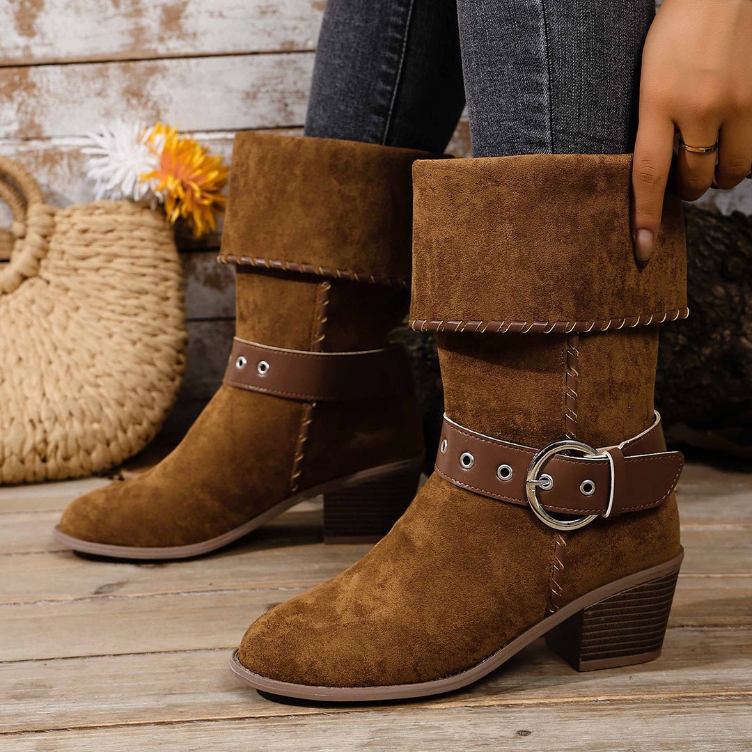 Damen modische Ankle-Boots mit breitem Umschlag und dekorativem Riemchen R&B