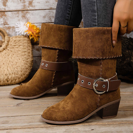 Damen modische Ankle-Boots mit breitem Umschlag und dekorativem Riemchen R&B