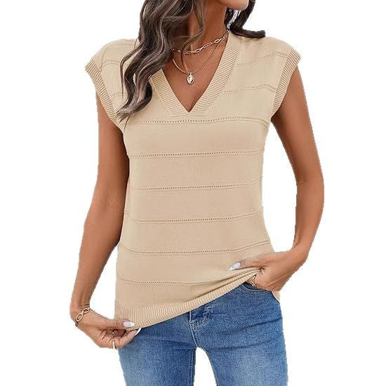 Damen ärmelloses Stricktop mit V-Ausschnitt und strukturiertem Design R&B