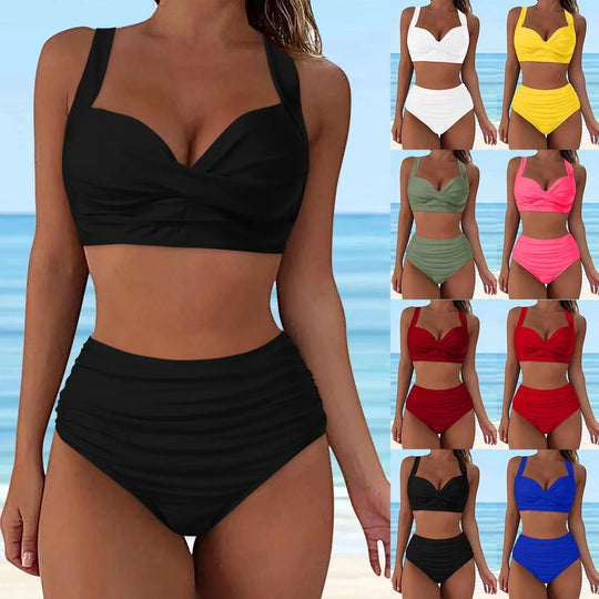 Damen Hochtailliertes Bikini-Set mit eleganter Faltenoptik R&B