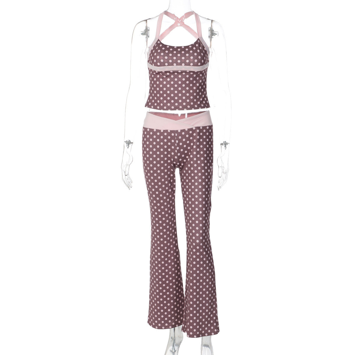 Damen Polka Dot Sportanzug mit cropped Oberteil und Flared Pants R&B