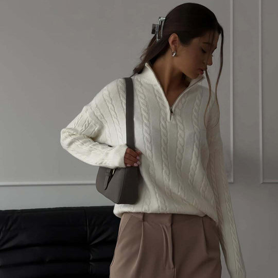 Damen Strickpullover mit modernem Zipper und Rippstrickdetails R&B