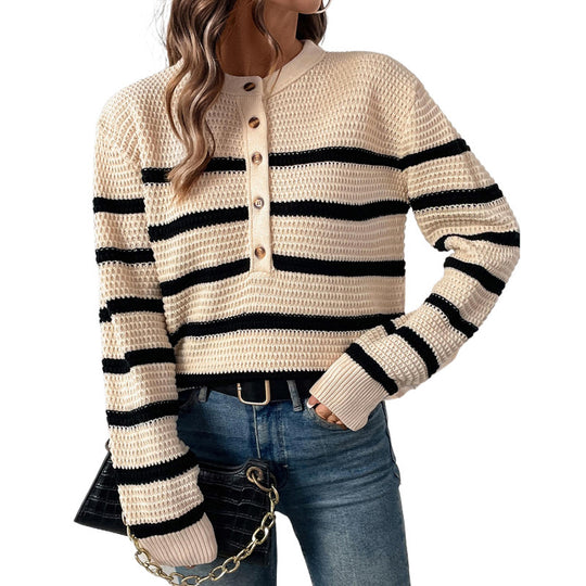 Damen gestreifter Pullover mit Knopfleiste aus strukturierter Wolle R&B