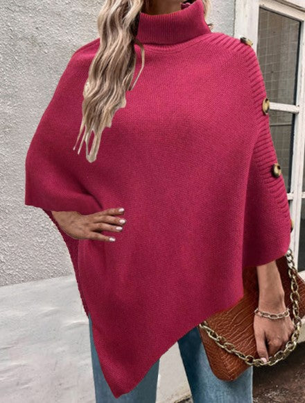 Damen Strick-Poncho mit hohem Kragen und Knopfdetails R&B