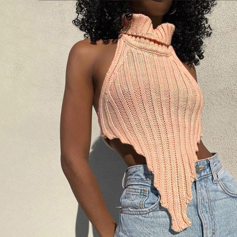 Damen cropped Stricktop mit hohem Kragen R&B