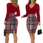 Damen Elegantes Wickelkleid mit Karomuster und tiefem V-Ausschnitt R&B