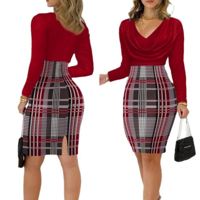 Damen Elegantes Wickelkleid mit Karomuster und tiefem V-Ausschnitt R&B