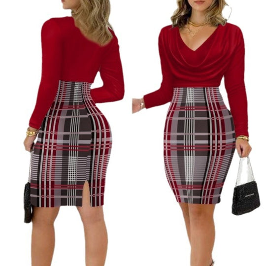 Damen Elegantes Wickelkleid mit Karomuster und tiefem V-Ausschnitt R&B
