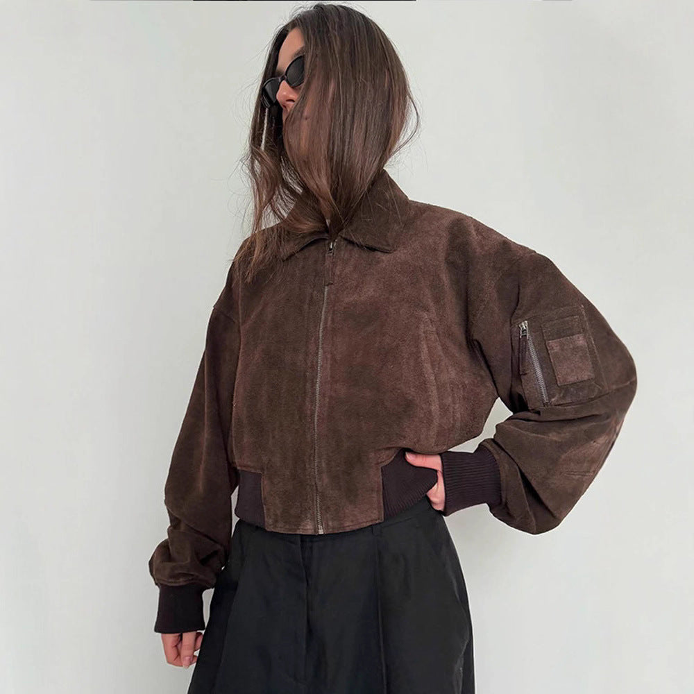 Damen Oversized Wildlederjacke mit gepolsterten Ärmeln R&B