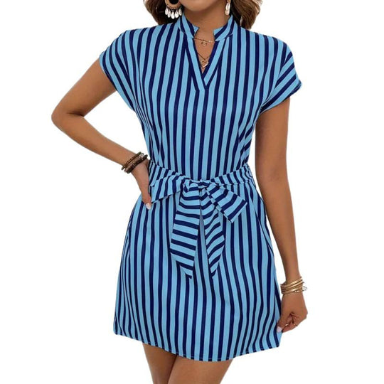 Damen Kurzarmkleid mit Gürtel und Streifenmuster R&B
