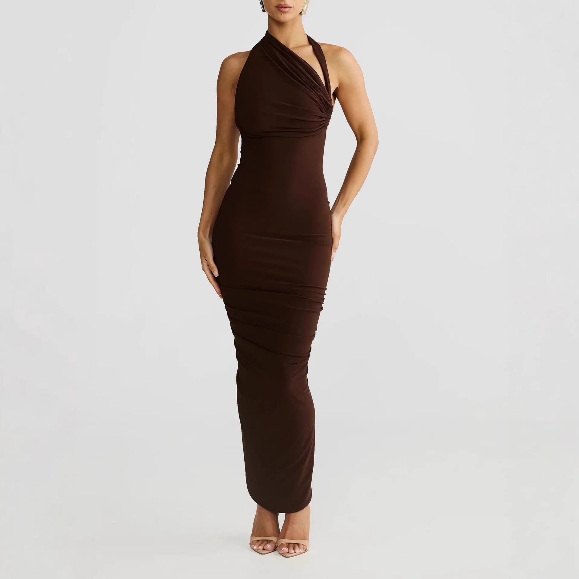 Damen Elegantes langes Wickelkleid mit schulterfreiem Design und gerafftem Oberteil R&B