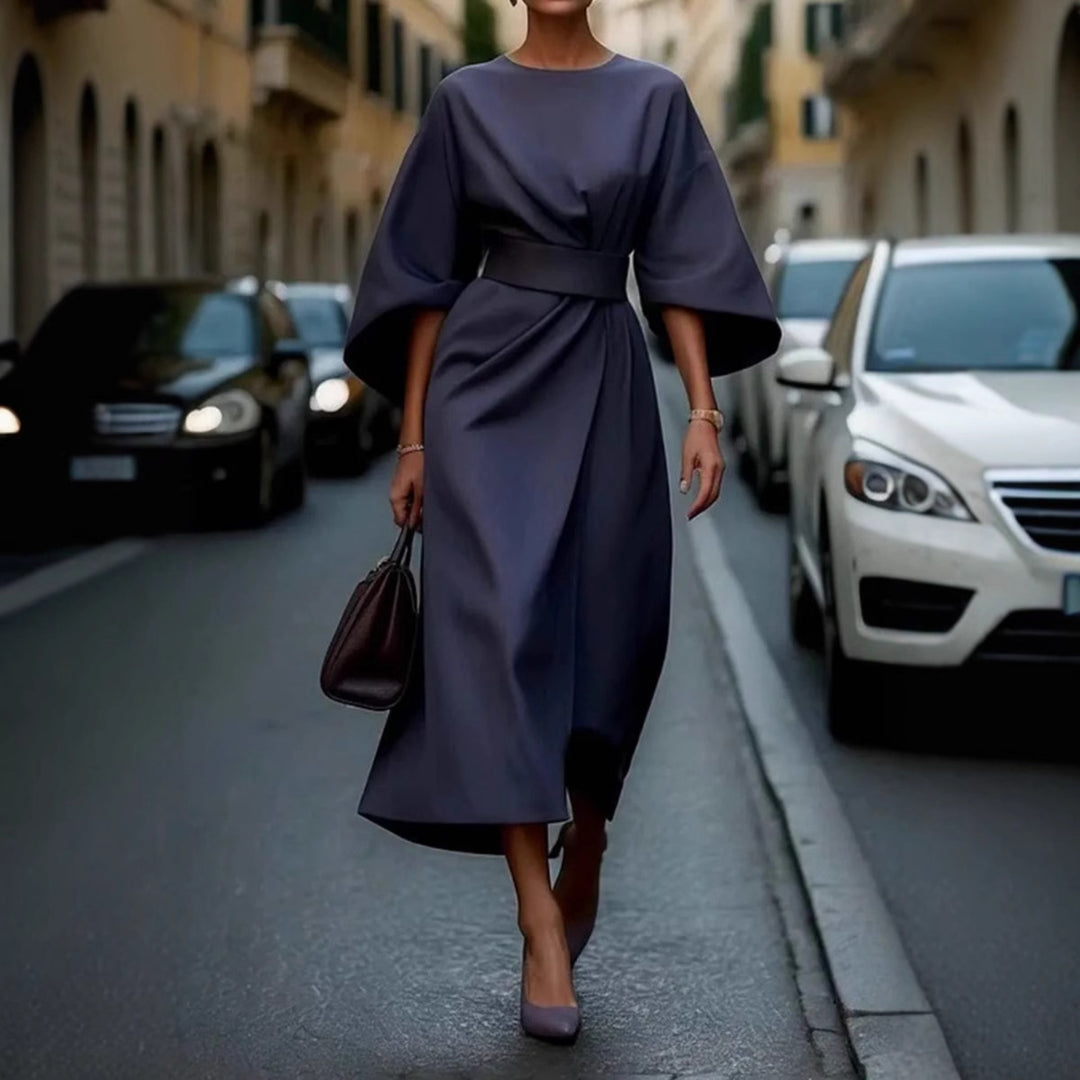 Damen Maxikleid mit eleganten Puffärmeln und Taillengürtel R&B