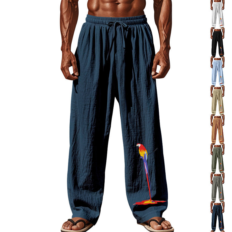 Herren nan lässige Leinen-Loungehose mit elastischem Komfortbund, Kordelzug, weitem Bein und dekorativer Papageien-Stickerei R&B