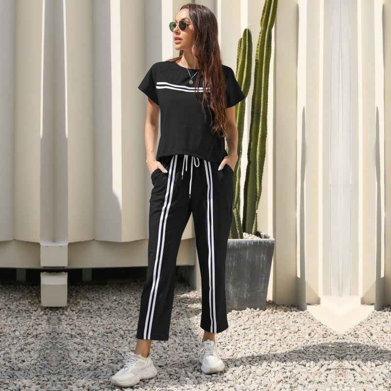 Damen Freizeit-Set mit sportlichen Streifen und elastischem Bund R&B
