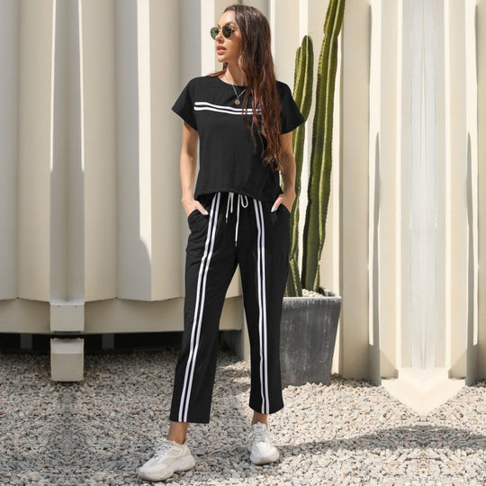Damen Freizeit-Set mit sportlichen Streifen und elastischem Bund R&B