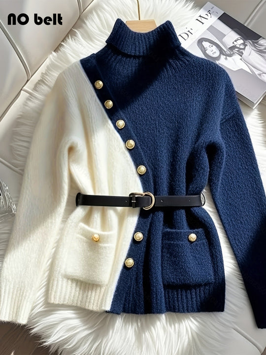 Damen Schicker Pullover mit hohem Kragen und eleganten Knöpfen R&B
