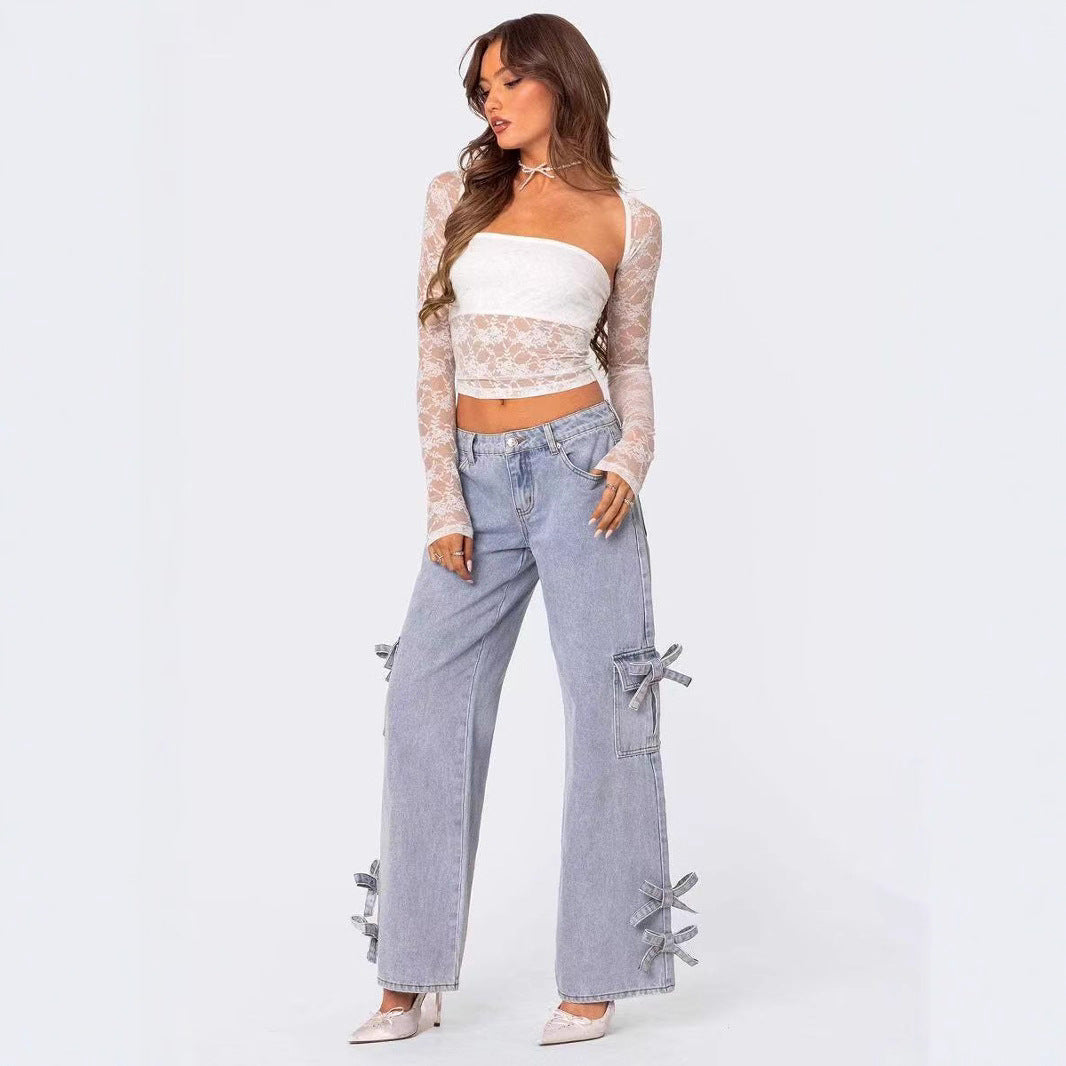 Damen lässige Cargo-Jeans mit stylischem Schleifen-Detail R&B