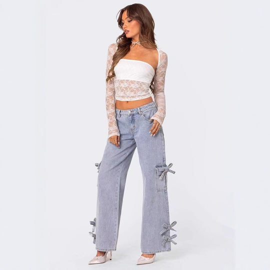 Damen lässige Cargo-Jeans mit stylischem Schleifen-Detail R&B