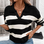 Damen Strickpullover mit V-Ausschnitt und Streifenmuster R&B