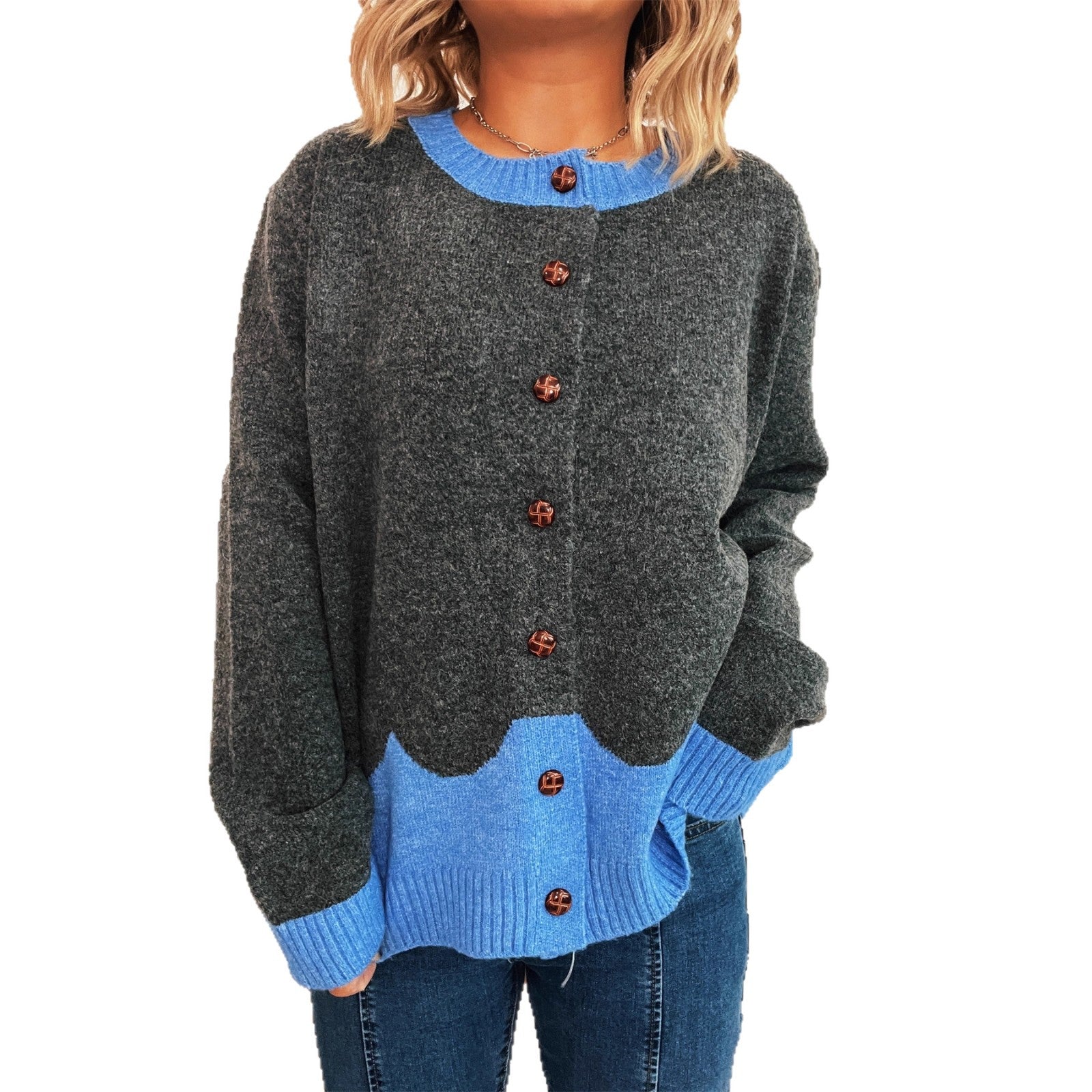 Damen lässige Strickjacke mit buntem Kontrast und eleganten Knopfdetails R&B