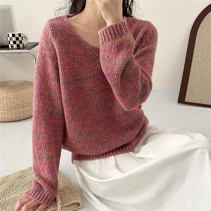 Damen leichter Strickpullover mit V-Ausschnitt und voluminösen Ärmeln R&B