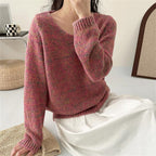 Damen leichter Strickpullover mit V-Ausschnitt und voluminösen Ärmeln R&B