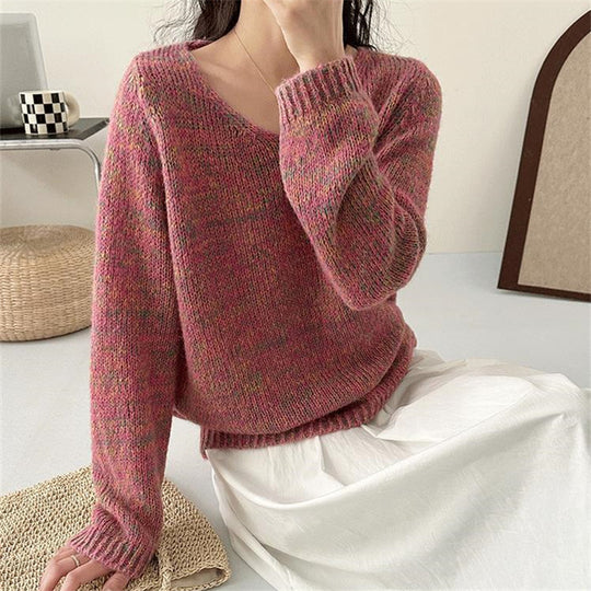 Damen leichter Strickpullover mit V-Ausschnitt und voluminösen Ärmeln R&B